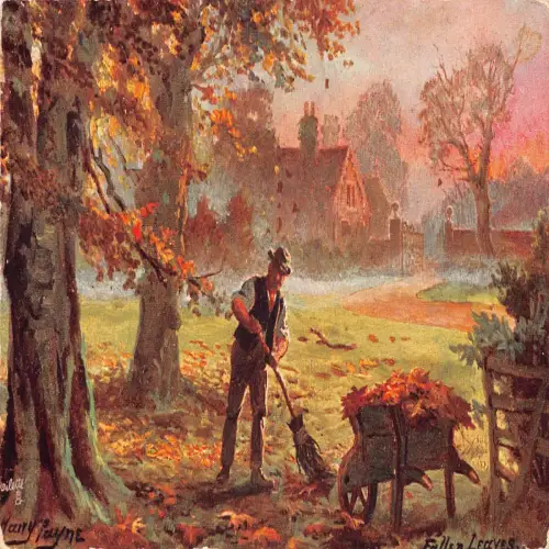 A721 Landleben Bauer fegt Herbstlaub Schubkarre Kunst Payne Postkarte