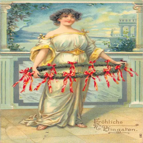 B131 Pfingstgrüße 1910 schöne Frau Band Krone Prägepostkarte