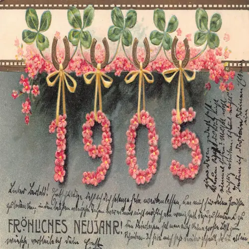 B132 Neujahrsgrüße Blumen der Zahlen Kleeblätter Hufeisen Prägepostkarte