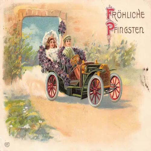 B132 Pfingstgrüße 1912 Violette Blumen Brautpaar im Auto geprägte Postkarte