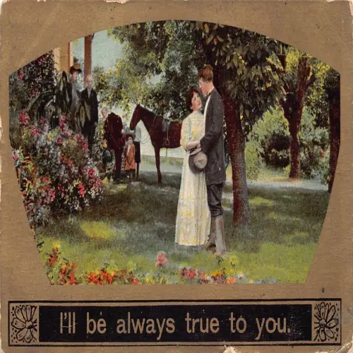 A721 Liebesromantik 1909 Passepartout Paar umarmt Garten Pferd Familie Postkarte
