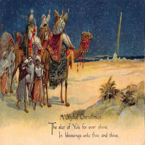 A722 Freudige Weihnachten Drei Könige reiten Kamele Stern Wüste Postkarte