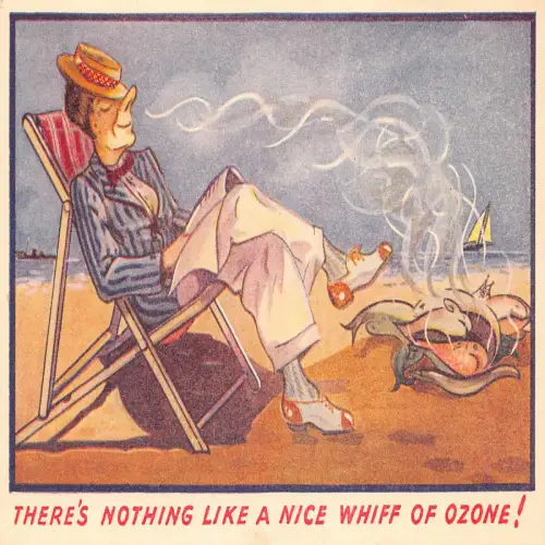 A722 Comic Humor Männer inhalieren tote Fische Geruch am Strand Vintage Postkarte
