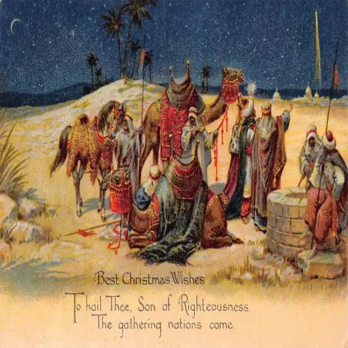 A722 Weihnachtswünsche Drei Könige Kamele ruhender Stern Wüste Postkarte