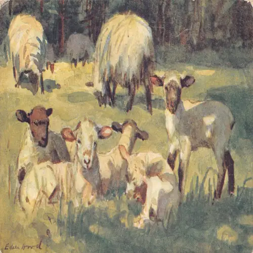 A723 Bauernhof Babys 1920 Tiere Baby Schaf Kunst Vintage Postkarte