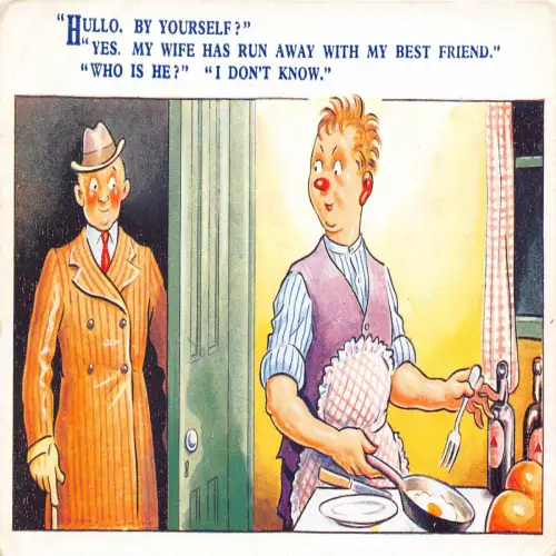A722 Humor Comic Ehemann und beste Freundin als Frau beim Zubereiten von Essen Vintage Postkarte