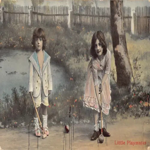 A723 Kleine Spielkameraden 1909 Kinder spielen Krocket Fotomontage Postkarte