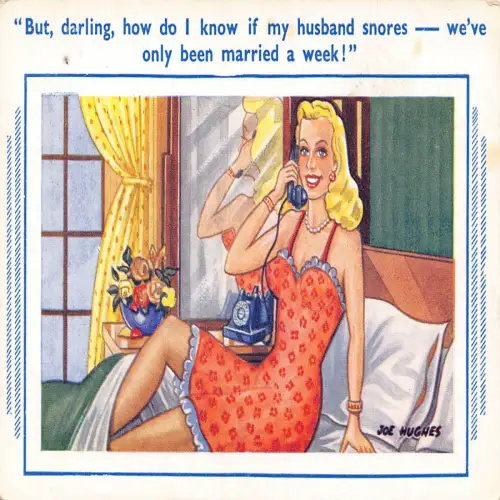 A723 Comic Humor Verheiratete blonde Frau Telefoniert im Bett Postkarte