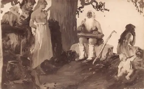A724 Kunst halbnackte Frau wird Musikinstrument opfern Vintage Postkarte