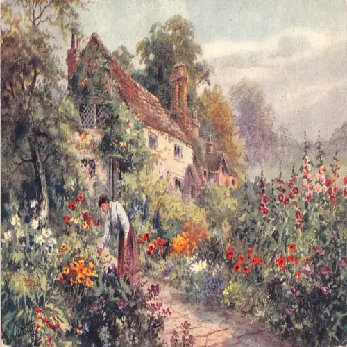 A724 Cottage Gardens Kunst Blumen Frau Landschaft Vintage Postkarte