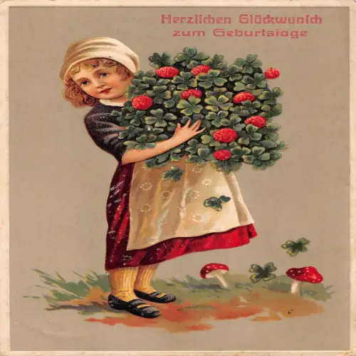 B131 Geburtstagsgrüße 1909 Mädchen Kleeblätter Pilze Prägepostkarte