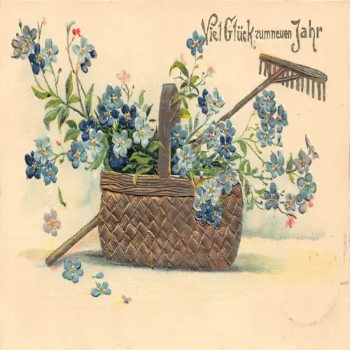B132 Neujahrsgrüße 1905 Vergissmeinnicht Blumen Korbrechen Prägepostkarte