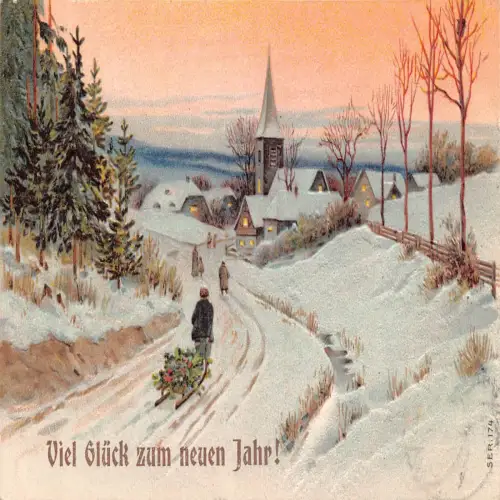 B132 Neujahrsgrüße 1909 Bauernschlitten Sonnenuntergang Dorf geprägte Postkarte