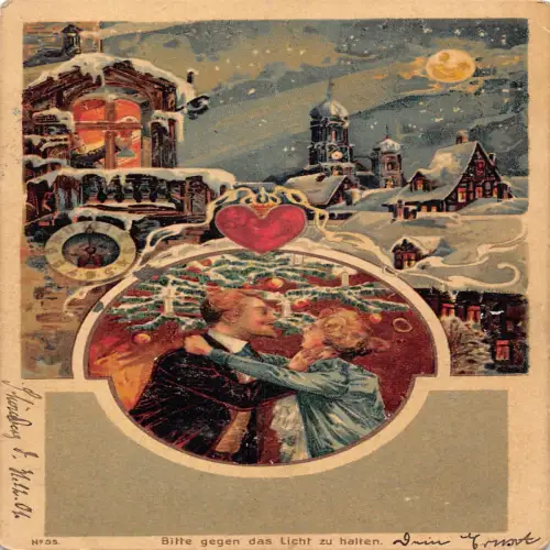 B133 Weihnachtsgruß vermenschlicht Mondpaar Herzuhr Feststellpostkarte