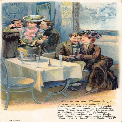 B132 Immer an der wand lang 1910 Paare flirten Champagnerflasche Prägepostkarte
