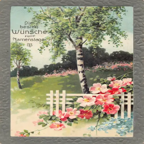 B135 Namenstag Grüße Garten Veilchen Blumen geprägt 1912 Postkarte