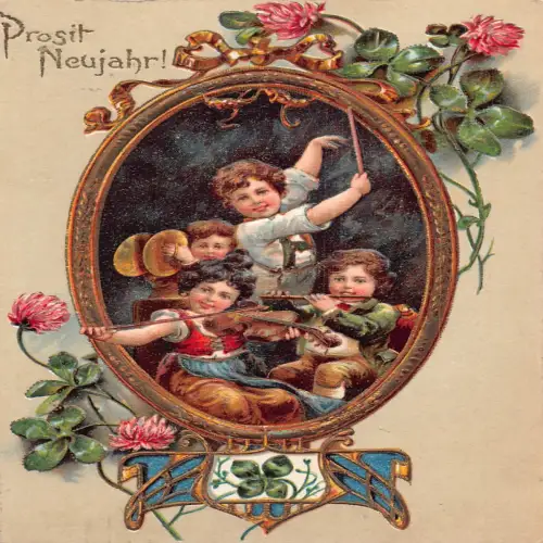 B131 Neujahrsgrüße 1908 Kleeblätter Distel Musiker Violine Prägepostkarte