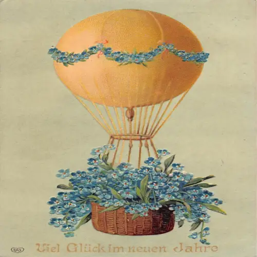 B131 Neujahrsgrüße 1909 Vergissmeinnicht Heißluftballon Prägepostkarte