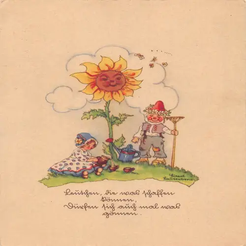 B134 Fantasy Feen Gartenarbeit Rechen Streusel Humanisierte Sonnenblume Kunst Postkarte
