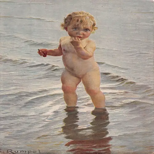 B135 Kunst von Karl Rumpel Junge im Meer Ein Schritt ins Ungewisse Vintage Postkarte