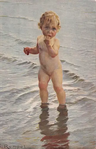 B135 Kunst von Karl Rumpel Junge im Meer Ein Schritt ins Ungewisse Vintage Postkarte