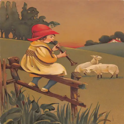 B135 Landschaft 1914 Kleines Mädchen spielt Flöte Musikinstrument Lamm Postkarte