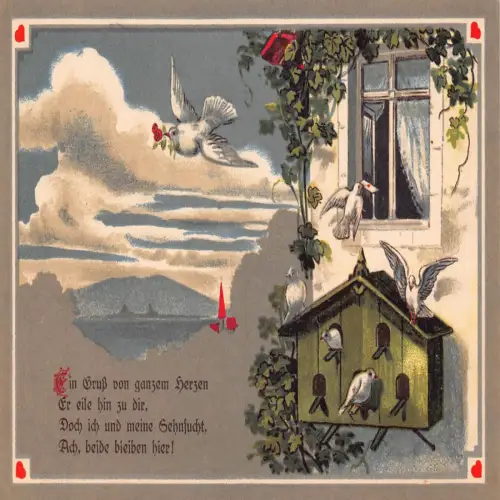 B135 Grußnest für Brieftauben Buchstaben Rosen Fenster Vintage Postkarte