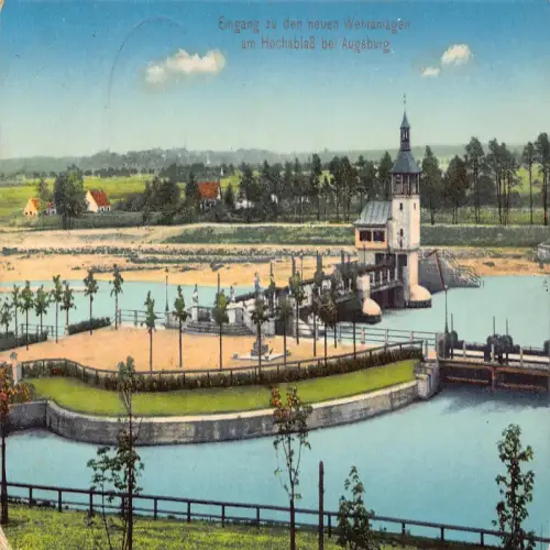 B136 Deutschland 1916 Eingang zu Wehranlagen Hochablass bei Augsburg 1. Weltkrieg Postkarte