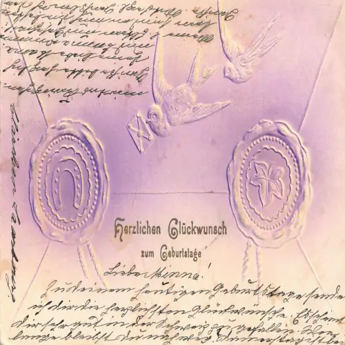 B133 geprägt 1903 Umschlag Hufeisen Tauben Wachssiegel Vintage Postkarte
