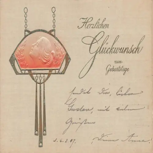 B133 geprägt 1907 Jugendstil Accessoire Frau Portrait Geburtstag Postkarte