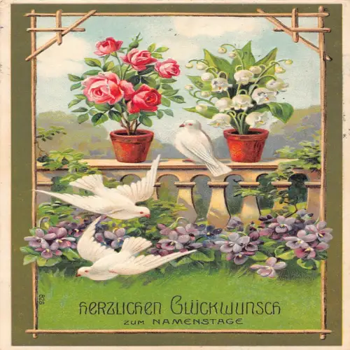 B135 Namenstag Grüße Gartenveilchen Rosen Maiglöckchen Tauben Postkarte