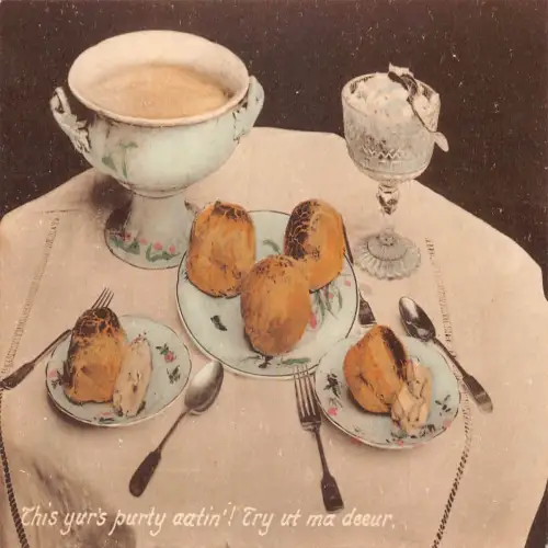 A725 Essen Mahlzeit Suppe Eiscreme Scones Try ut ma deeur Vintage Postkarte