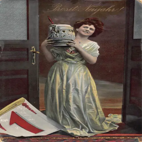 B135 Neujahrsgrüße 1915 Frau mit Suppenschüssel Kalender 1. Weltkrieg Feldpostkarte