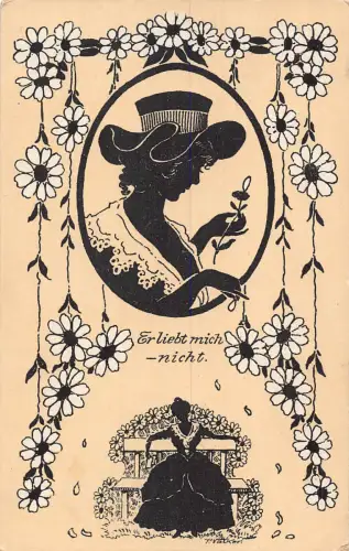 B132 Silhouette Er liebt mich... er liebt mich nicht Frau Gänseblümchen Blumen Postkarte