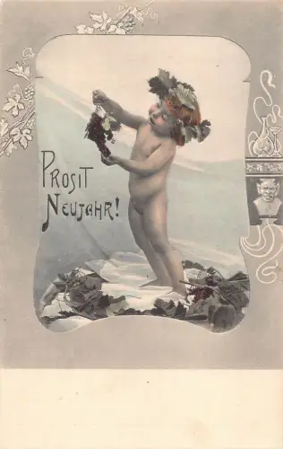 B132 Neujahrsgrüße kleines Mädchen Trauben Passepartout Jugendstil Postkarte