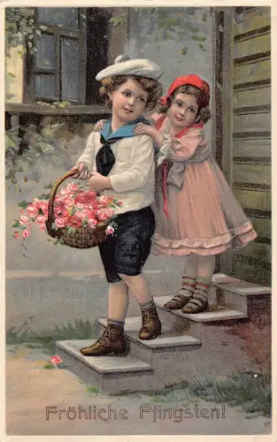 B132 Pfingsten 1911 Kinder Matrose Junge Rosen Blumen Korb Prägepostkarte