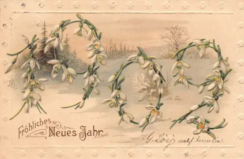B132 Neujahrsgruß 1901 Schneeglöckchen Zahlen Schneeansicht geprägte Postkarte
