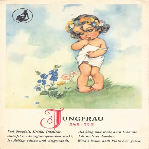 B134 Jungfrau Gedicht Kleines Mädchen Blumen 1953 Vintage Postkarte