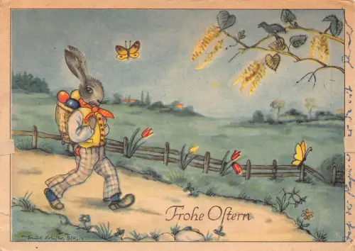 B134 Ostergrüße 1940 Humanisierter Hase Eier Korb Schmetterling Tulpe Postkarte