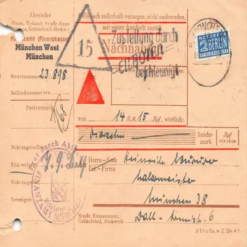 B134 Ganzsache Quittung zum Erhalt von Bargeld Finanzamt München 1951