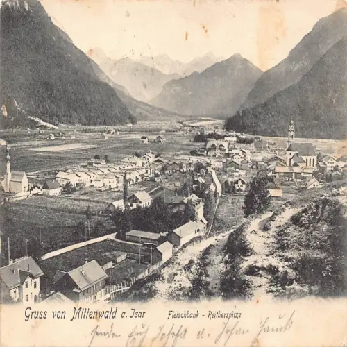 B136 Deutschland Gruss von Mittenwald a Isar Fleischbank Reitherspite Postkarte