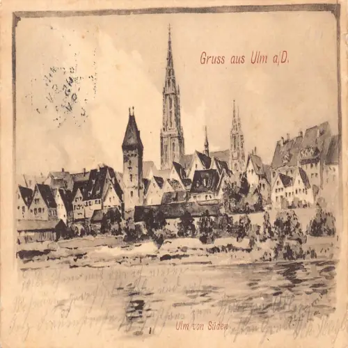 B136 Deutschland 1905 Gruss aus Ulm a D Südansicht Kunst Vintage Postkarte