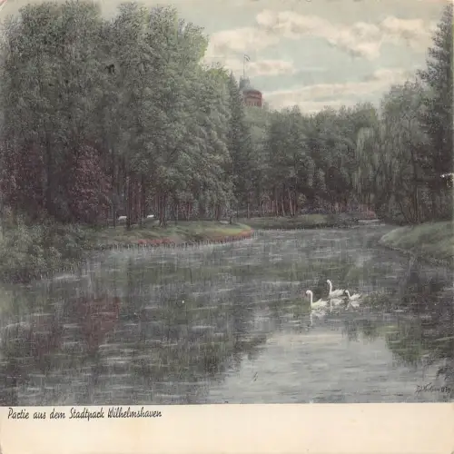 B134 Deutschland Partie aus Stadtpark Wilhelmshaven Park Schwäne 1936 Vintage Postkarte