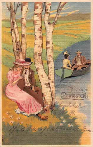 B131 Pfingstgrüße 1909 Liebende ruhen bei Baumboot Prägepostkarte