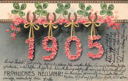 B132 Neujahr 1905 Blumen der Zahlen Kleeblätter Hufeisen geprägte Postkarte