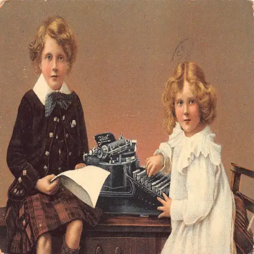A725 Kinder 1906 Junge und Mädchen schreiben an Schreibmaschine Vintage Postkarte
