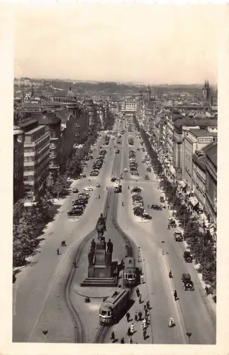 A727 Tschechien Praha Prag Wenzelsplatz Straßenbahnwagen RPPC Vintage Postkarte