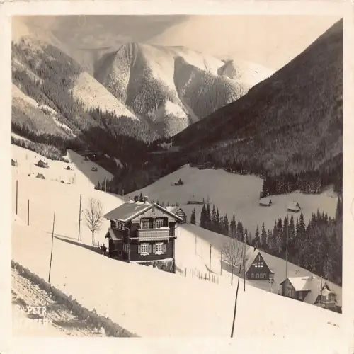 A728 Tschechien Riesengebirge Hütte St Peter Schnee Vintage Postkarte