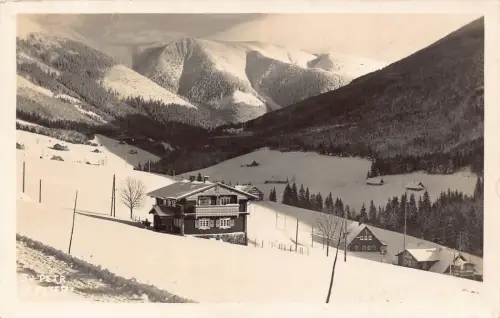 A728 Tschechien Riesengebirge Hütte St Peter Schnee Vintage Postkarte