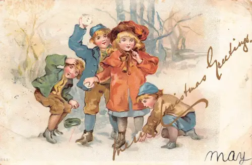 A729 Weihnachtsgrüße 1903 Kinder Schneeballschlacht Winter Litho Postkarte